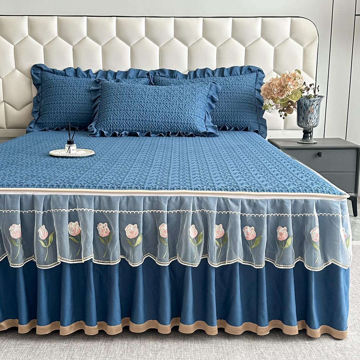 91家纺网 家纺一手货源 找家纺 手艺人家纺 2025新款全棉纯棉绗缝单床裙C01 床裙单件 床裙C01蓝