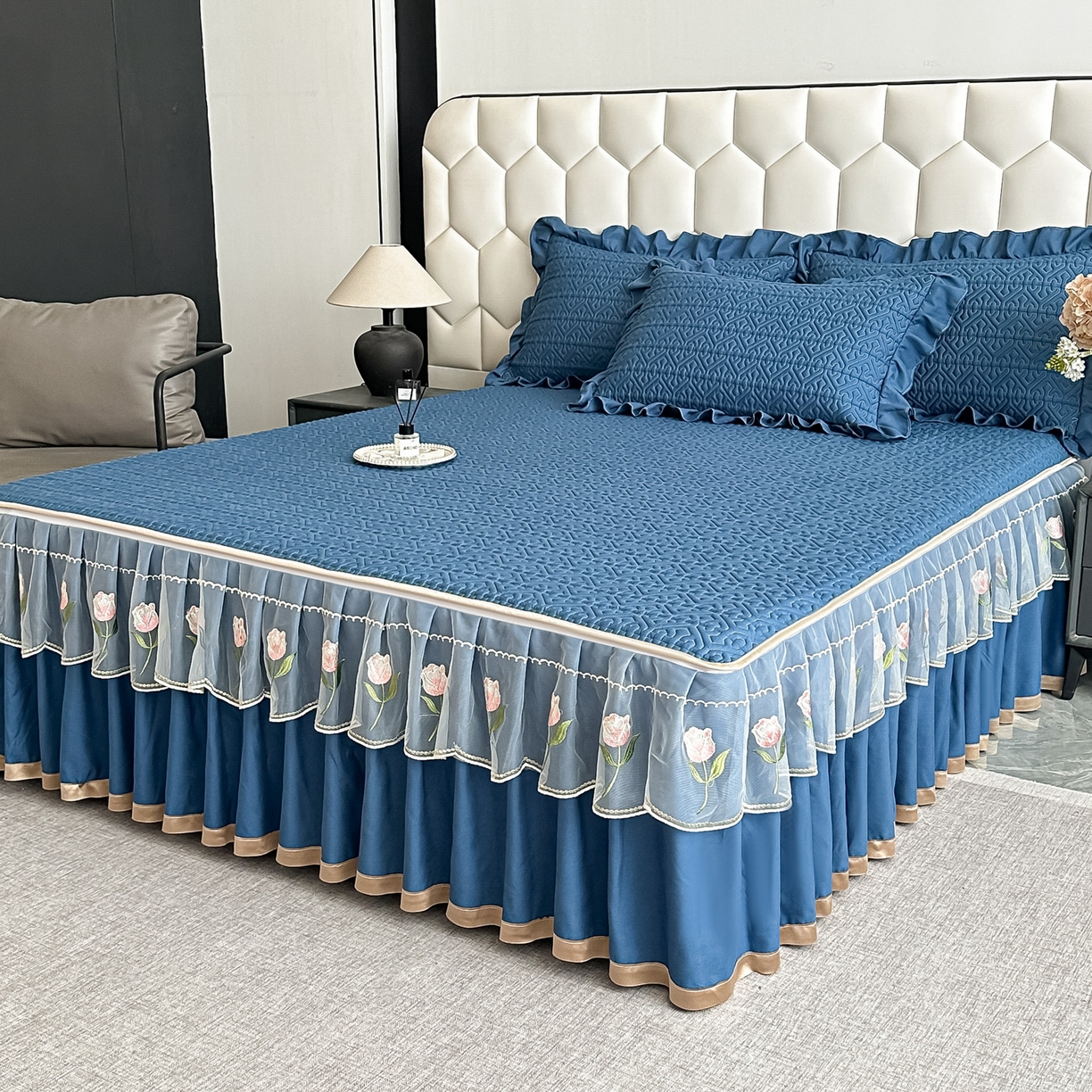 91家纺网 家纺一手货源 找家纺 手艺人家纺 2025新款全棉纯棉绗缝单床裙C01 床裙单件 床裙C01蓝