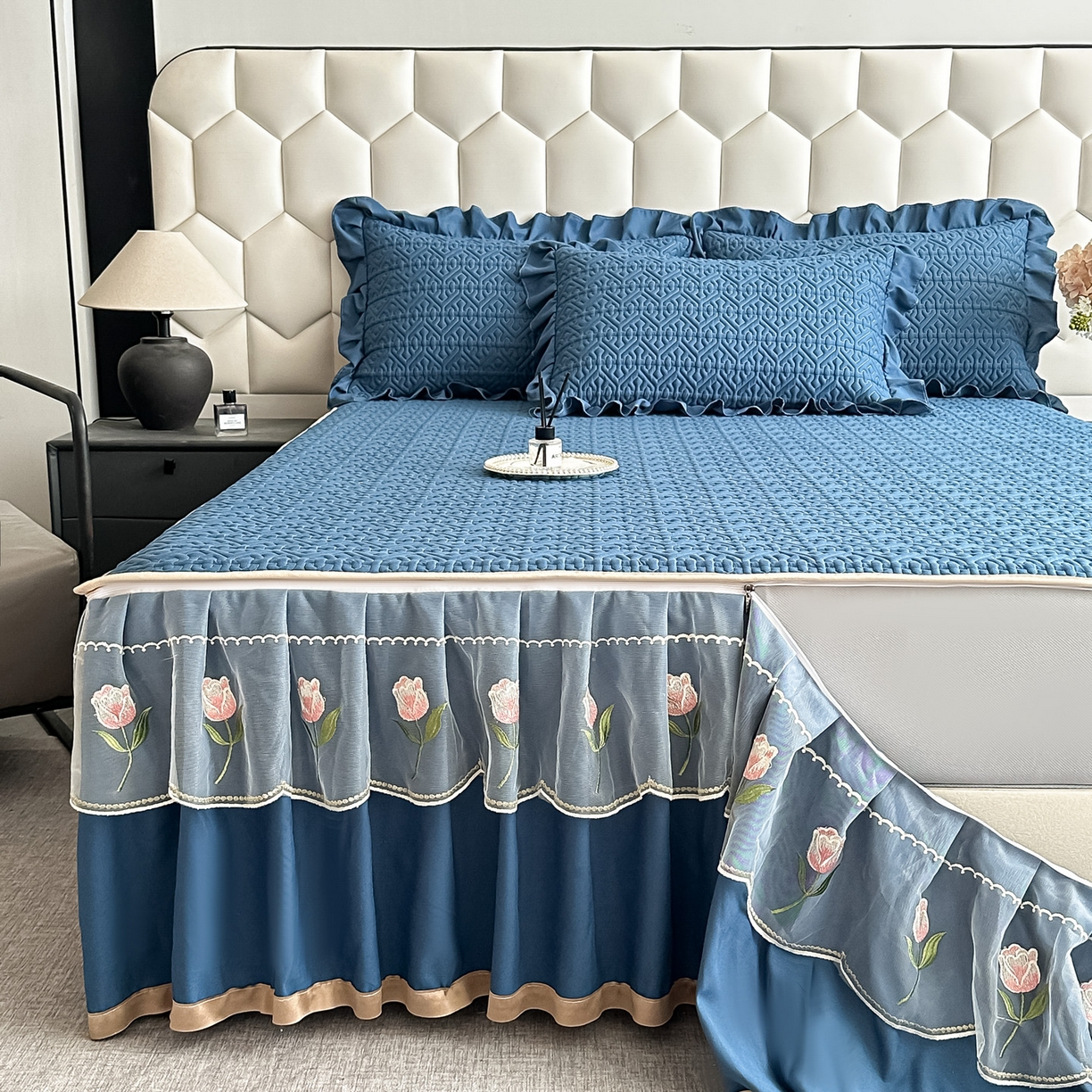 91家纺网 家纺一手货源 找家纺 手艺人家纺 2025新款全棉纯棉绗缝单床裙C01 床裙单件 床裙C01蓝