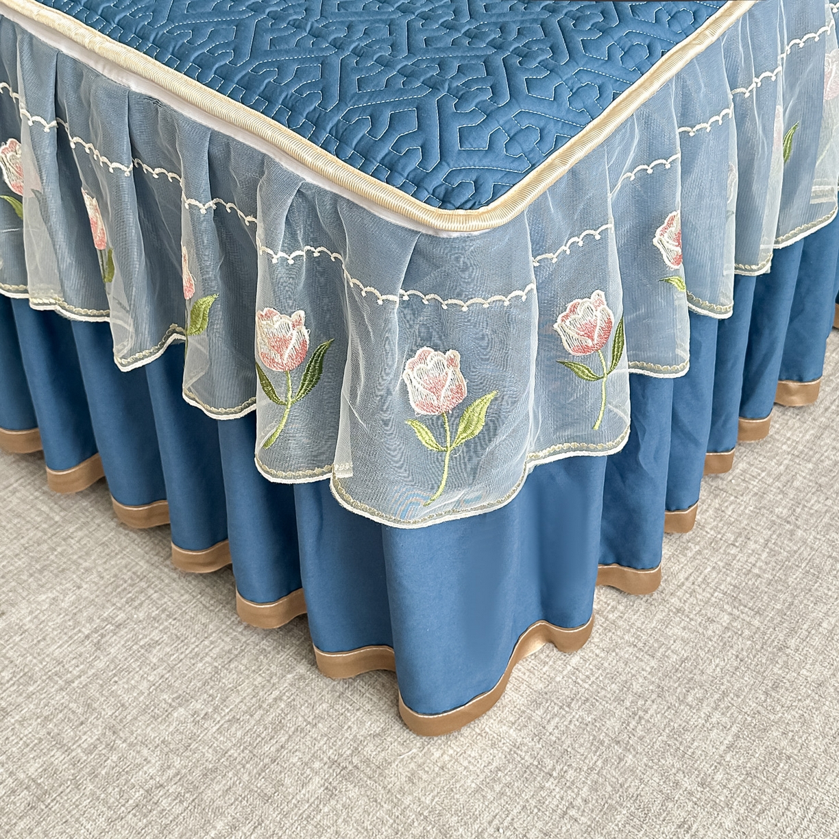 91家纺网 家纺一手货源 找家纺 手艺人家纺 2025新款全棉纯棉绗缝单床裙C01 床裙单件 床裙C01蓝