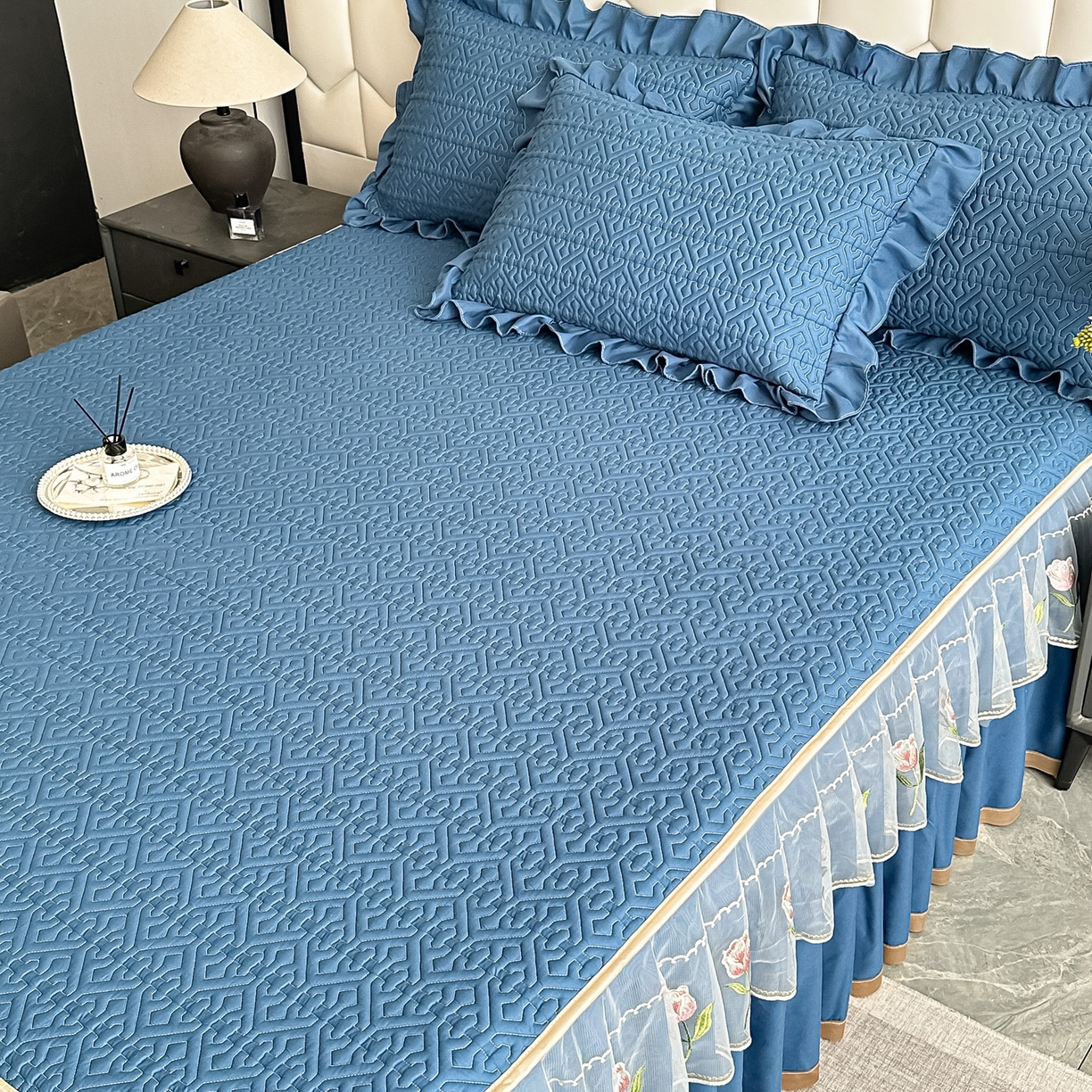 91家纺网 家纺一手货源 找家纺 手艺人家纺 2025新款全棉纯棉绗缝单床裙C01 床裙单件 床裙C01蓝