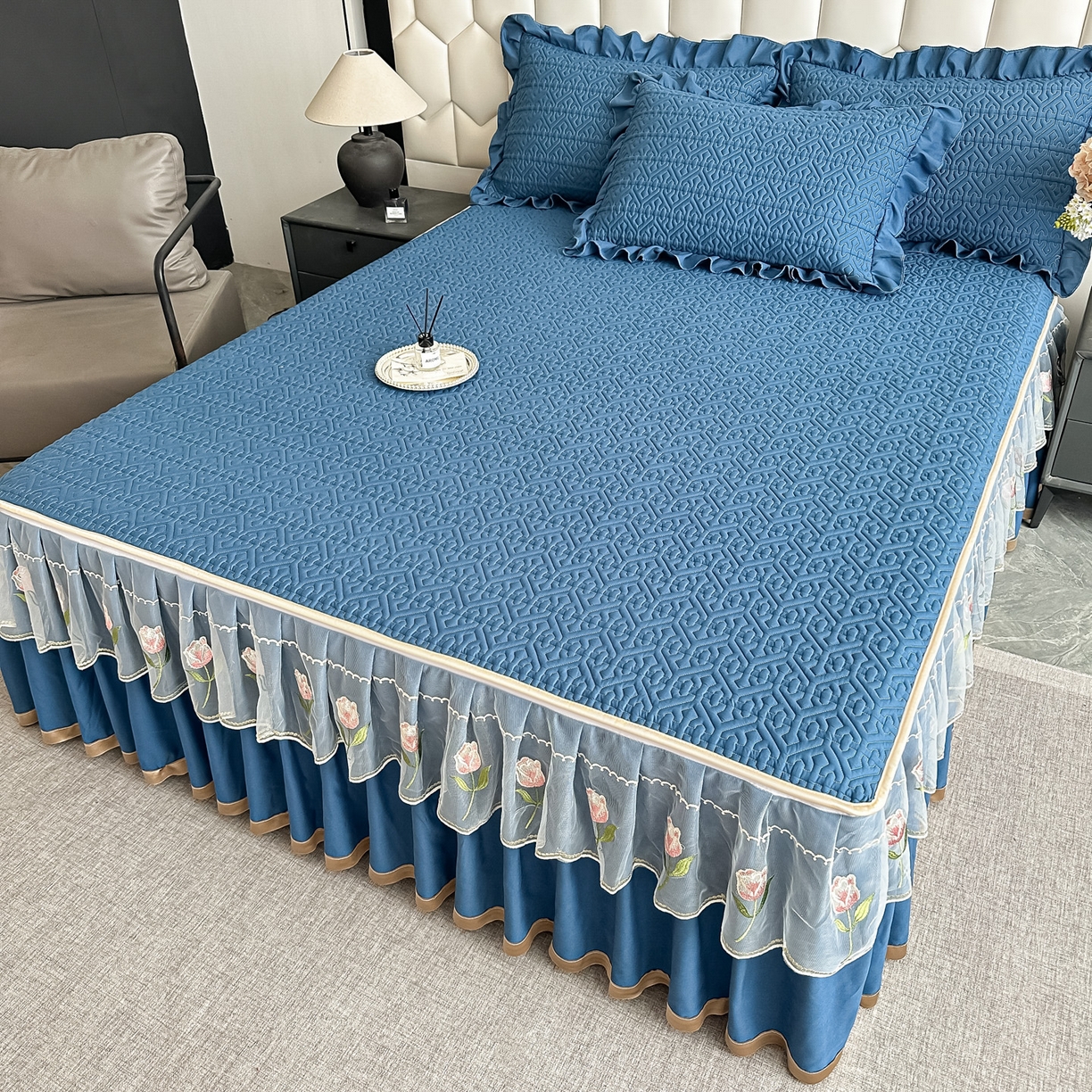 91家纺网 家纺一手货源 找家纺 手艺人家纺 2025新款全棉纯棉绗缝单床裙C01 床裙单件 床裙C01蓝