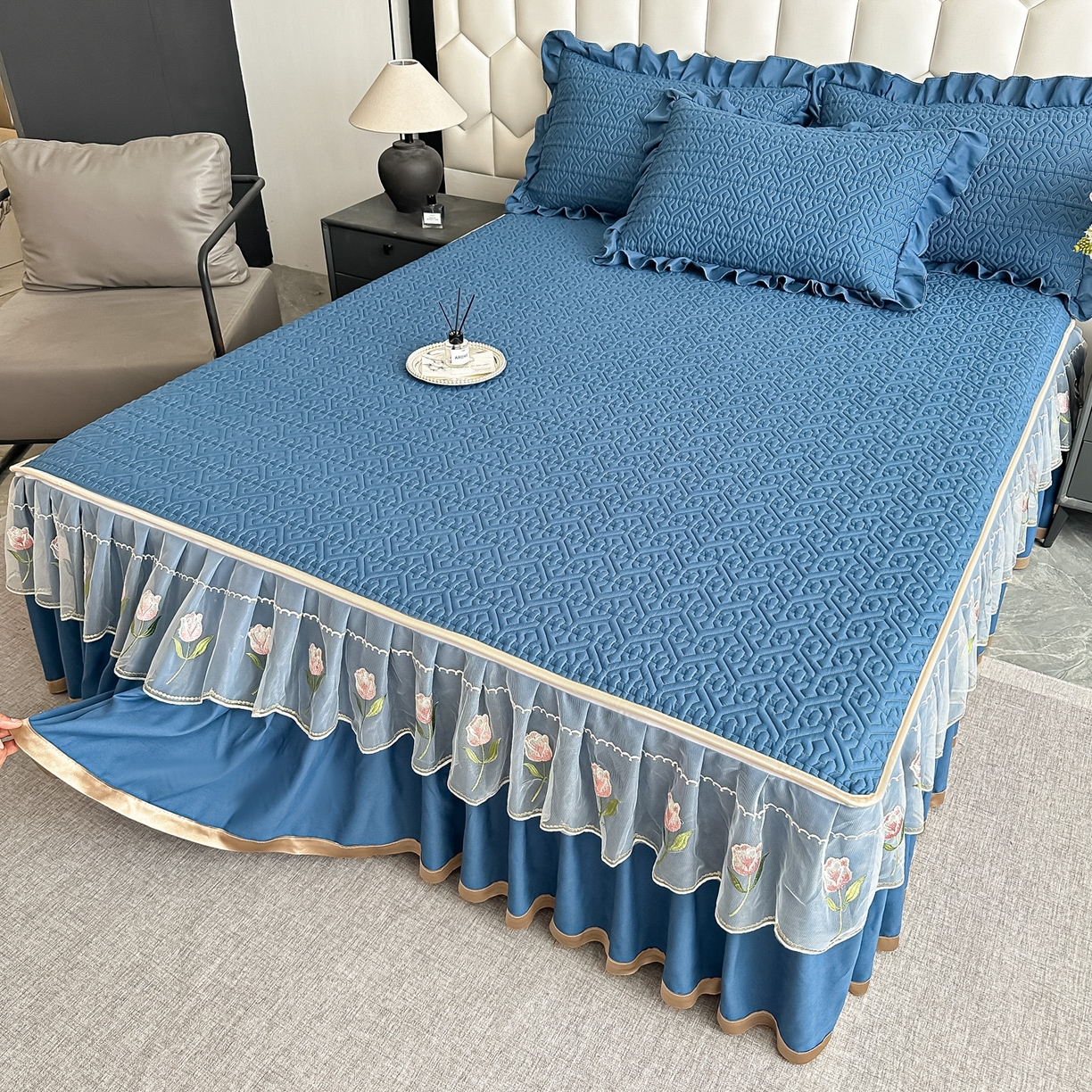 91家纺网 家纺一手货源 找家纺 手艺人家纺 2025新款全棉纯棉绗缝单床裙C01 床裙单件 床裙C01蓝