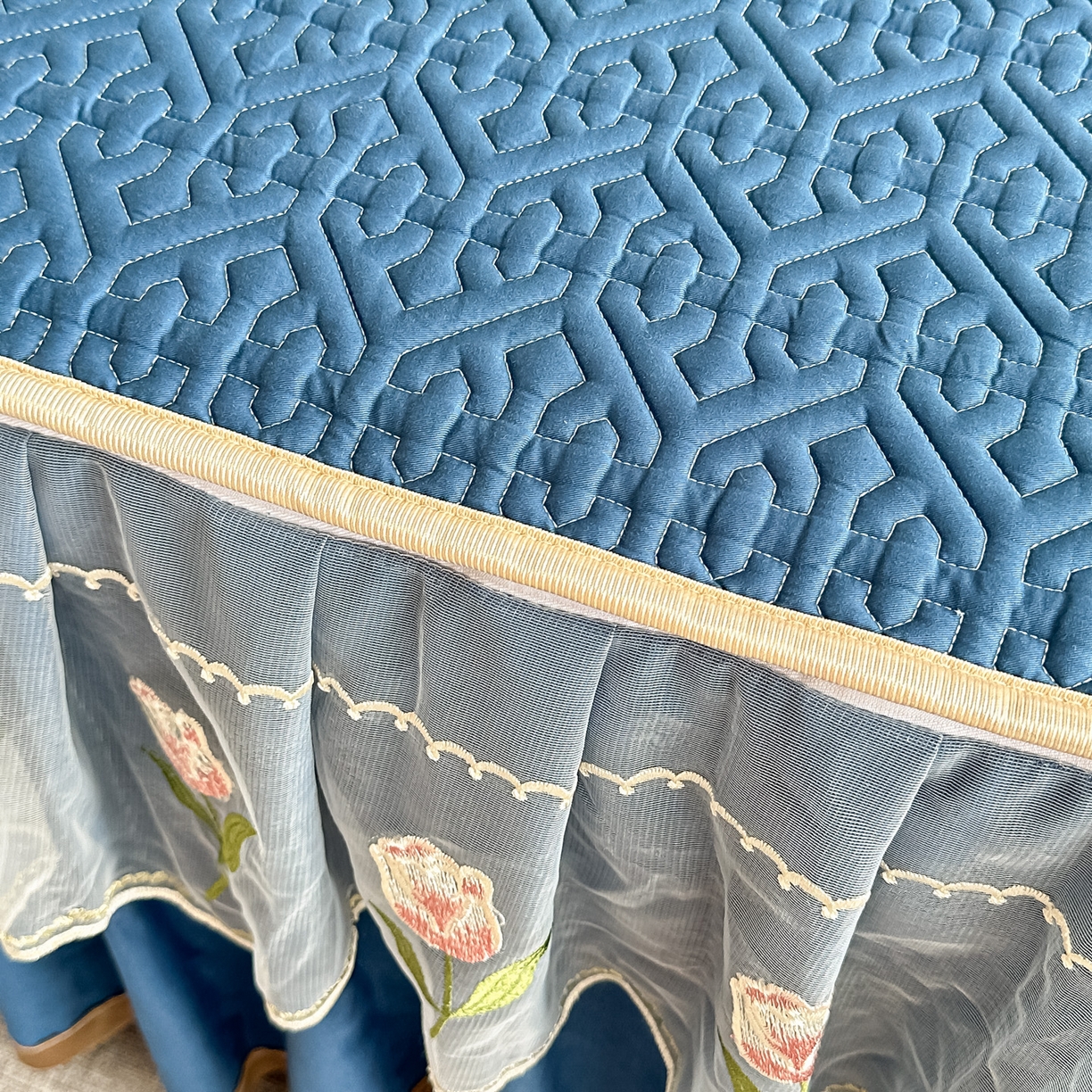 91家纺网 家纺一手货源 找家纺 手艺人家纺 2025新款全棉纯棉绗缝单床裙C01 床裙单件 床裙C01蓝