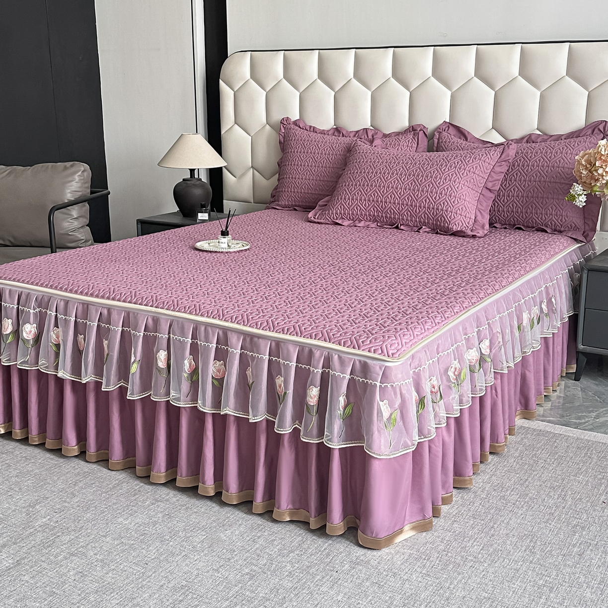 91家纺网 家纺一手货源 找家纺 手艺人家纺 2025新款全棉纯棉绗缝单床裙C01 床裙单件 床裙C01紫