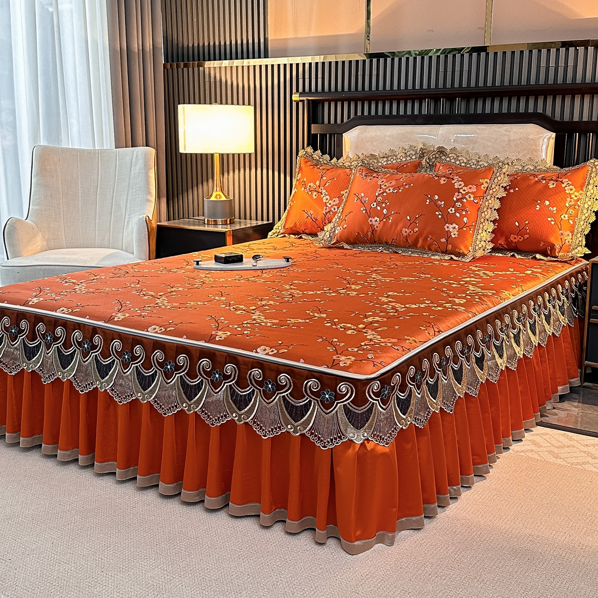 91家纺网 家纺一手货源 找家纺 手艺人家纺 2025新款高精密拉链款G01单床裙 床裙单件 床裙G01橙