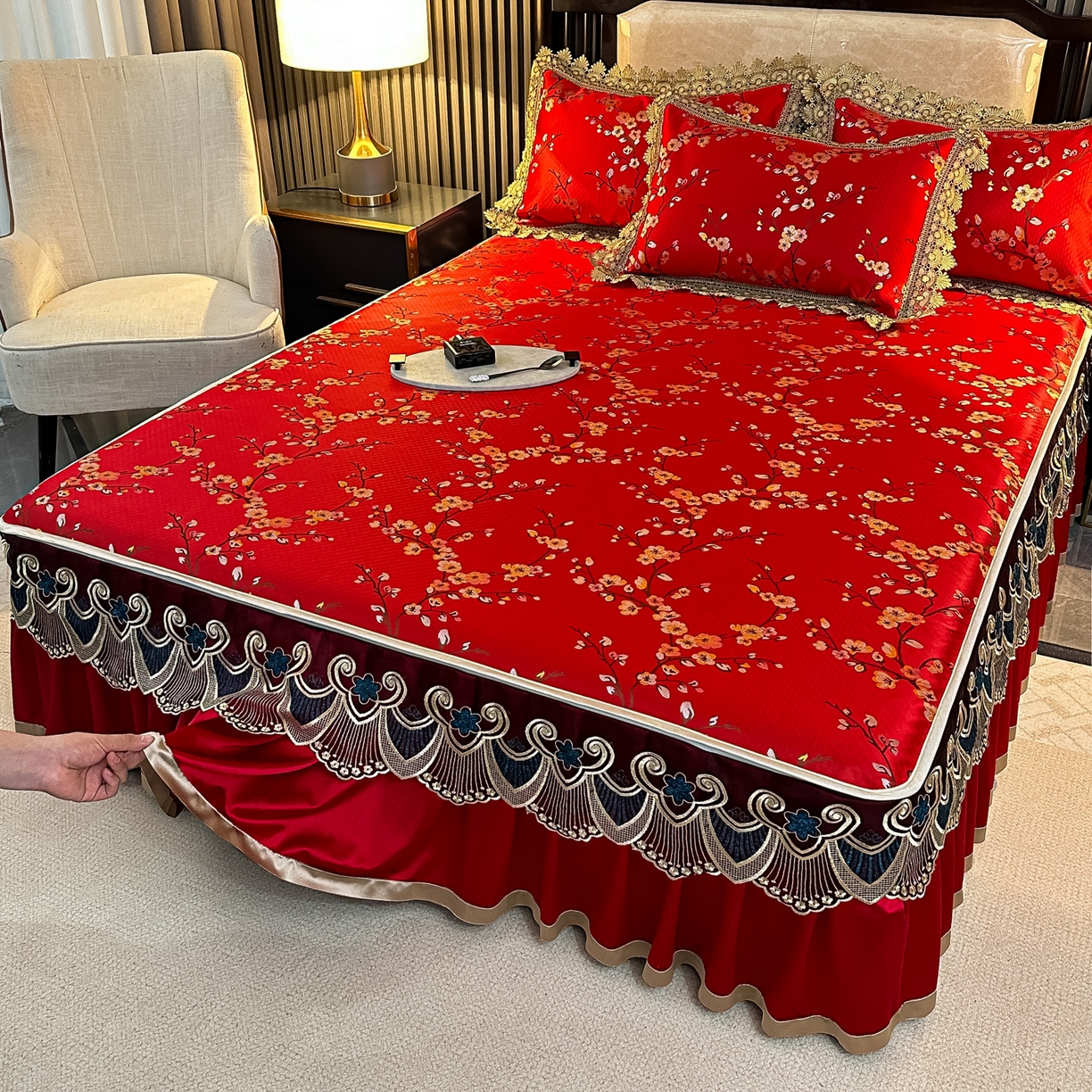 91家纺网 家纺一手货源 找家纺 手艺人家纺 2025新款高精密拉链款G01单床裙 床裙单件 床裙G01红