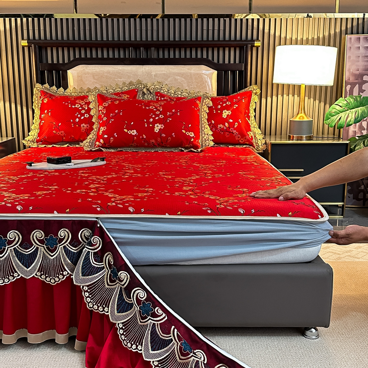 91家纺网 家纺一手货源 找家纺 手艺人家纺 2025新款高精密拉链款G01单床裙 床裙单件 床裙G01红