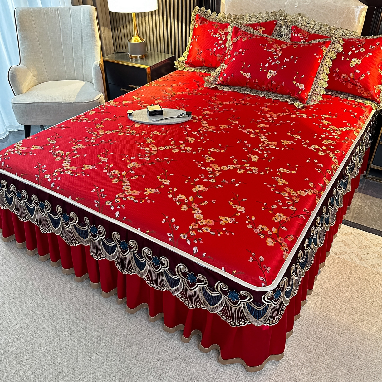 91家纺网 家纺一手货源 找家纺 手艺人家纺 2025新款高精密拉链款G01单床裙 床裙单件 床裙G01红