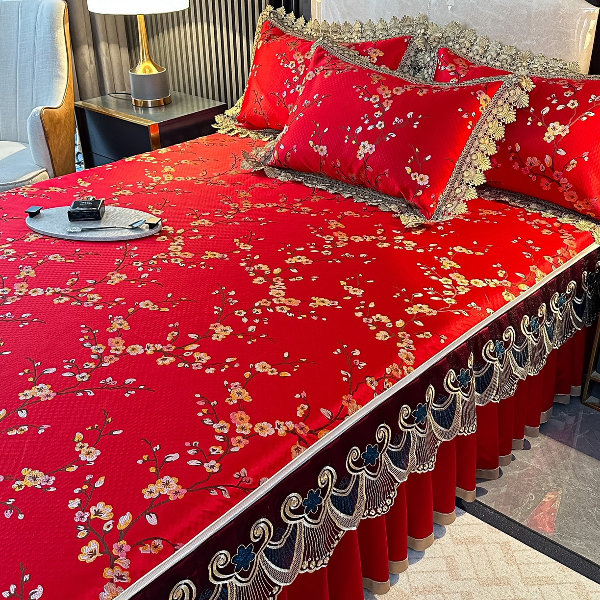 91家纺网 家纺一手货源 找家纺 手艺人家纺 2025新款高精密拉链款G01单床裙 床裙单件 床裙G01红