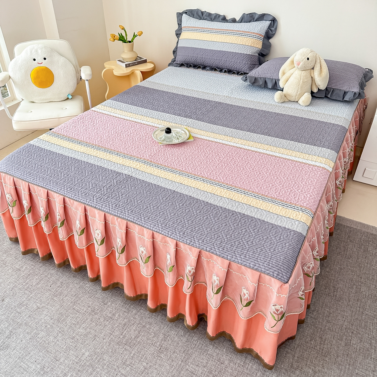 91家纺网 家纺一手货源 找家纺 手艺人家纺 2025新款全棉纯棉绗缝单床裙C02-C15 床裙单件 床裙C15