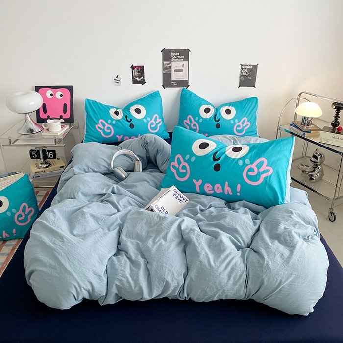 91家纺网 家纺一手货源 找家纺 （总）优卡迪家纺馆 2025新款A类亲肤水洗棉大眼萌纯色混搭四件套