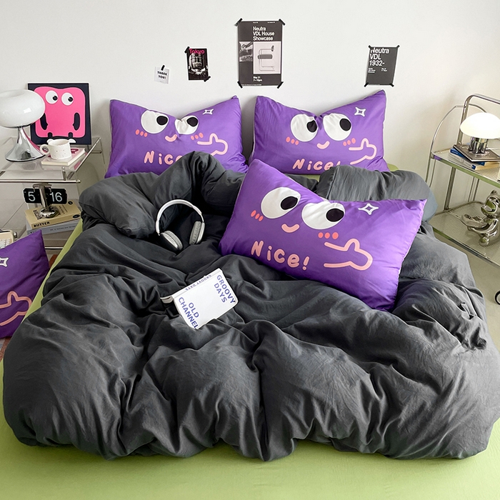 91家纺网 家纺一手货源 找家纺 （总）优卡迪家纺馆 2025新款A类亲肤水洗棉大眼萌纯色混搭四件套