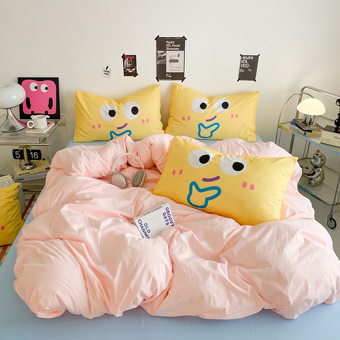 91家纺网 家纺一手货源 找家纺 （总）优卡迪家纺馆 2025新款A类亲肤水洗棉大眼萌纯色混搭四件套