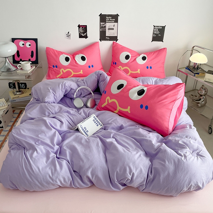 91家纺网 家纺一手货源 找家纺 （总）优卡迪家纺馆 2025新款A类亲肤水洗棉大眼萌纯色混搭四件套