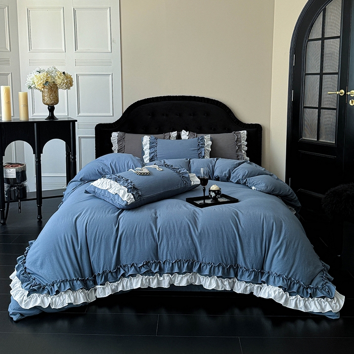 91家纺网 家纺一手货源 找家纺 缘生活 2025新款加厚水洗棉双层荷叶边四件套 双层荷叶边-蓝白