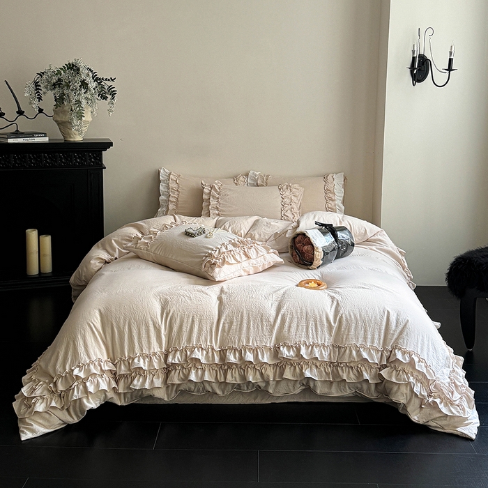 91家纺网 家纺一手货源 找家纺 缘生活 2025新款加厚水洗棉双层荷叶边四件套 双层荷叶边卡其