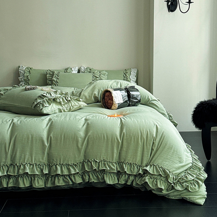 91家纺网 家纺一手货源 找家纺 缘生活 2025新款加厚水洗棉双层荷叶边四件套 双层荷叶边抹茶绿