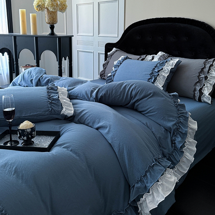 91家纺网 家纺一手货源 找家纺 缘生活 2025新款加厚水洗棉双层荷叶边四件套 双层荷叶边-蓝白