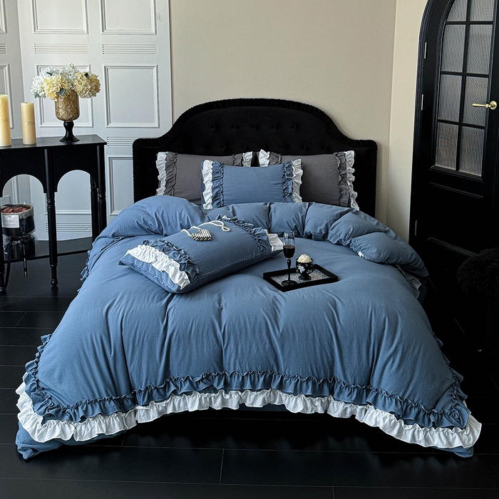 91家纺网 家纺一手货源 找家纺 缘生活 2025新款加厚水洗棉双层荷叶边四件套 双层荷叶边-蓝白
