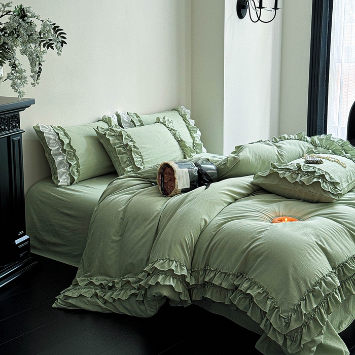 91家纺网 家纺一手货源 找家纺 缘生活 2025新款加厚水洗棉双层荷叶边四件套 双层荷叶边抹茶绿