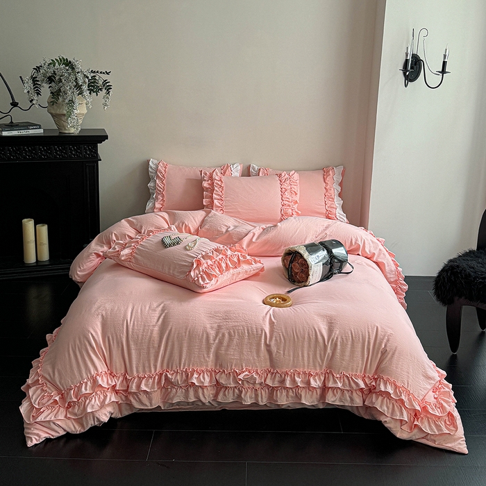 91家纺网 家纺一手货源 找家纺 缘生活 2025新款加厚水洗棉双层荷叶边四件套 双层荷叶边粉色
