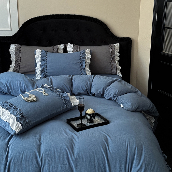 91家纺网 家纺一手货源 找家纺 缘生活 2025新款加厚水洗棉双层荷叶边四件套 双层荷叶边-蓝白