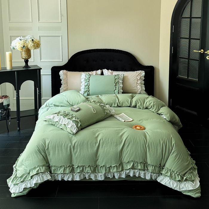 91家纺网 家纺一手货源 找家纺 缘生活 2025新款加厚水洗棉双层荷叶边四件套 双层荷叶边-绿白
