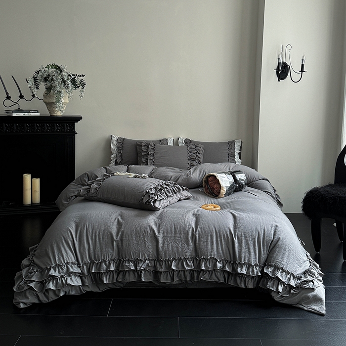 91家纺网 家纺一手货源 找家纺 缘生活 2025新款加厚水洗棉双层荷叶边四件套 双层荷叶边深灰