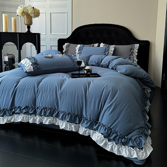 91家纺网 家纺一手货源 找家纺 缘生活 2025新款加厚水洗棉双层荷叶边四件套 双层荷叶边-蓝白