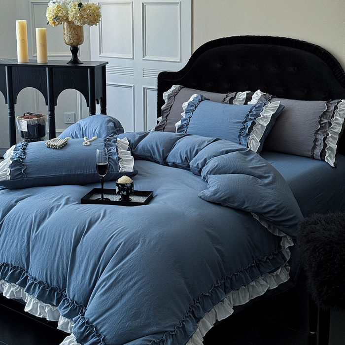91家纺网 家纺一手货源 找家纺 缘生活 2025新款加厚水洗棉双层荷叶边四件套 双层荷叶边-蓝白