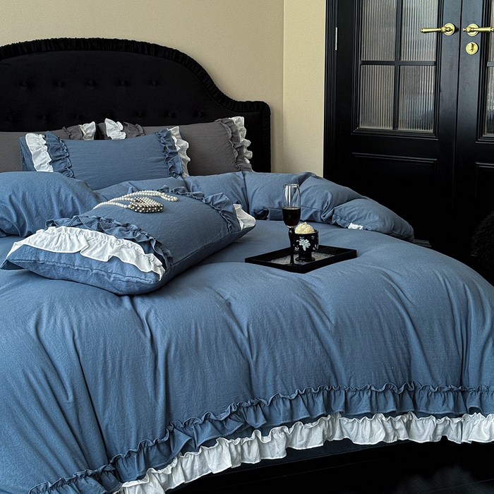 91家纺网 家纺一手货源 找家纺 缘生活 2025新款加厚水洗棉双层荷叶边四件套 双层荷叶边-蓝白