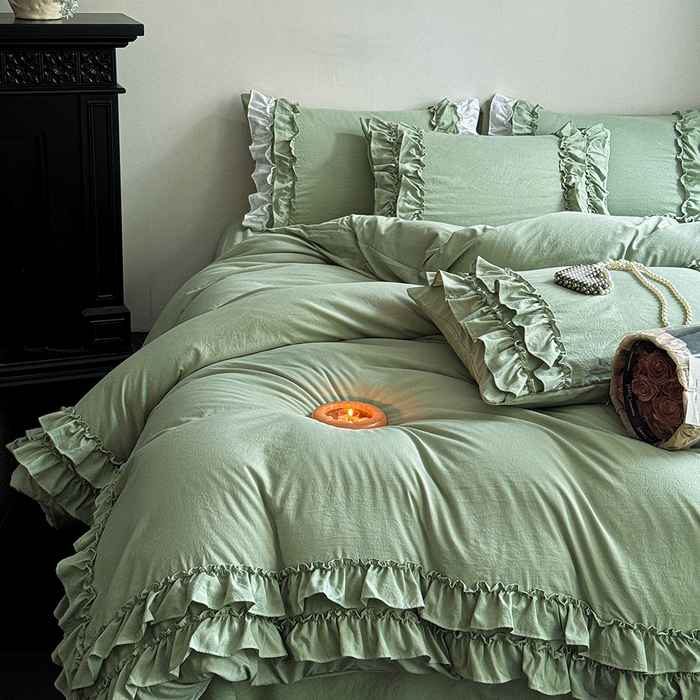91家纺网 家纺一手货源 找家纺 缘生活 2025新款加厚水洗棉双层荷叶边四件套 双层荷叶边抹茶绿