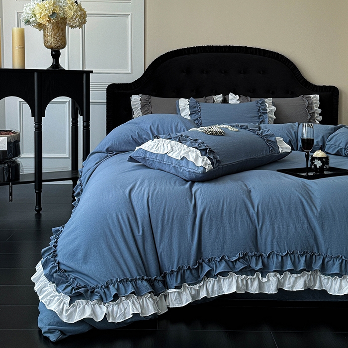 91家纺网 家纺一手货源 找家纺 缘生活 2025新款加厚水洗棉双层荷叶边四件套 双层荷叶边-蓝白