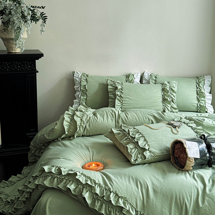 91家纺网 家纺一手货源 找家纺 缘生活 2025新款加厚水洗棉双层荷叶边四件套 双层荷叶边抹茶绿