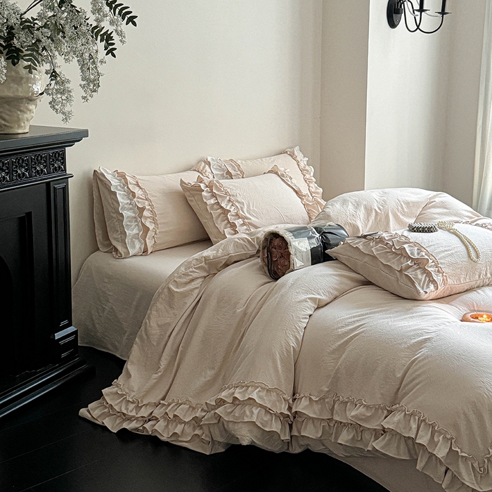 91家纺网 家纺一手货源 找家纺 缘生活 2025新款加厚水洗棉双层荷叶边四件套 双层荷叶边卡其