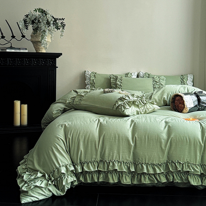 91家纺网 家纺一手货源 找家纺 缘生活 2025新款加厚水洗棉双层荷叶边四件套 双层荷叶边抹茶绿