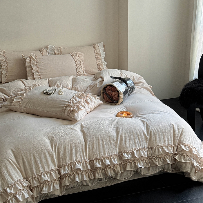 91家纺网 家纺一手货源 找家纺 缘生活 2025新款加厚水洗棉双层荷叶边四件套 双层荷叶边卡其