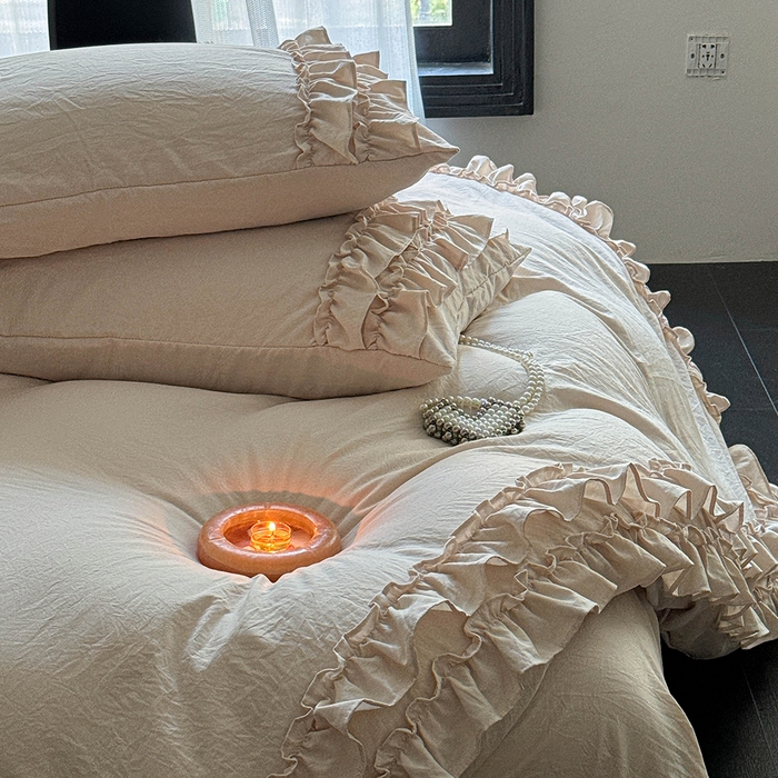 91家纺网 家纺一手货源 找家纺 缘生活 2025新款加厚水洗棉双层荷叶边四件套 双层荷叶边卡其