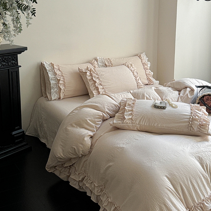 91家纺网 家纺一手货源 找家纺 缘生活 2025新款加厚水洗棉双层荷叶边四件套 双层荷叶边卡其