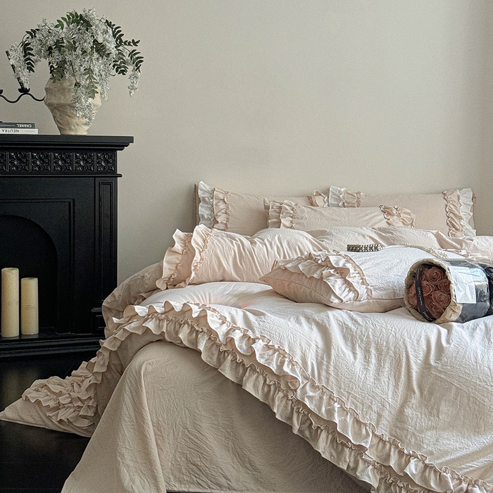 91家纺网 家纺一手货源 找家纺 缘生活 2025新款加厚水洗棉双层荷叶边四件套 双层荷叶边卡其