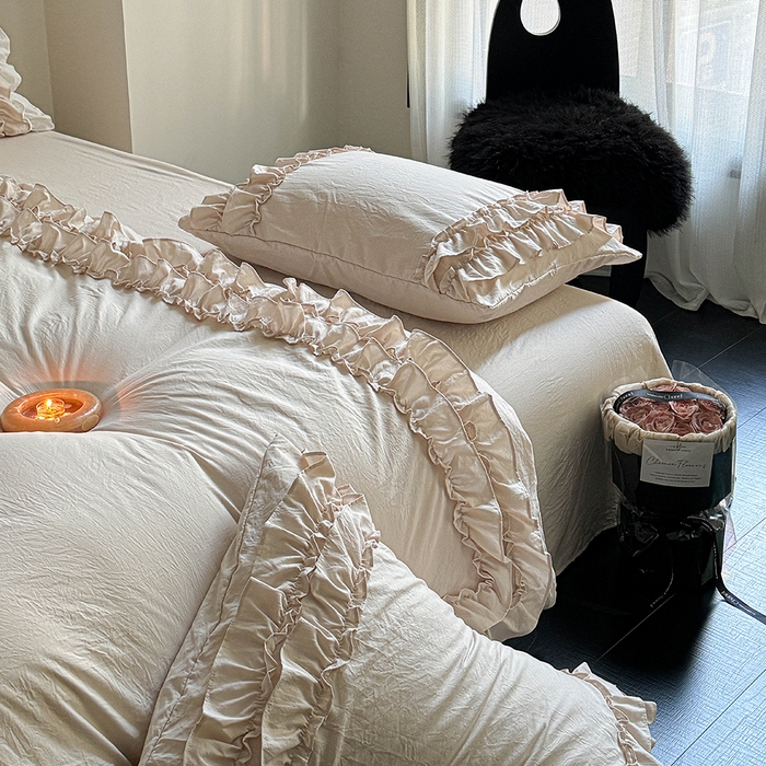 91家纺网 家纺一手货源 找家纺 缘生活 2025新款加厚水洗棉双层荷叶边四件套 双层荷叶边卡其