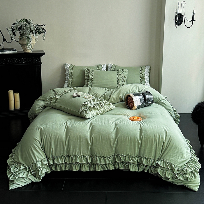 91家纺网 家纺一手货源 找家纺 缘生活 2025新款加厚水洗棉双层荷叶边四件套 双层荷叶边抹茶绿