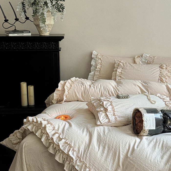 91家纺网 家纺一手货源 找家纺 缘生活 2025新款加厚水洗棉双层荷叶边四件套 双层荷叶边卡其