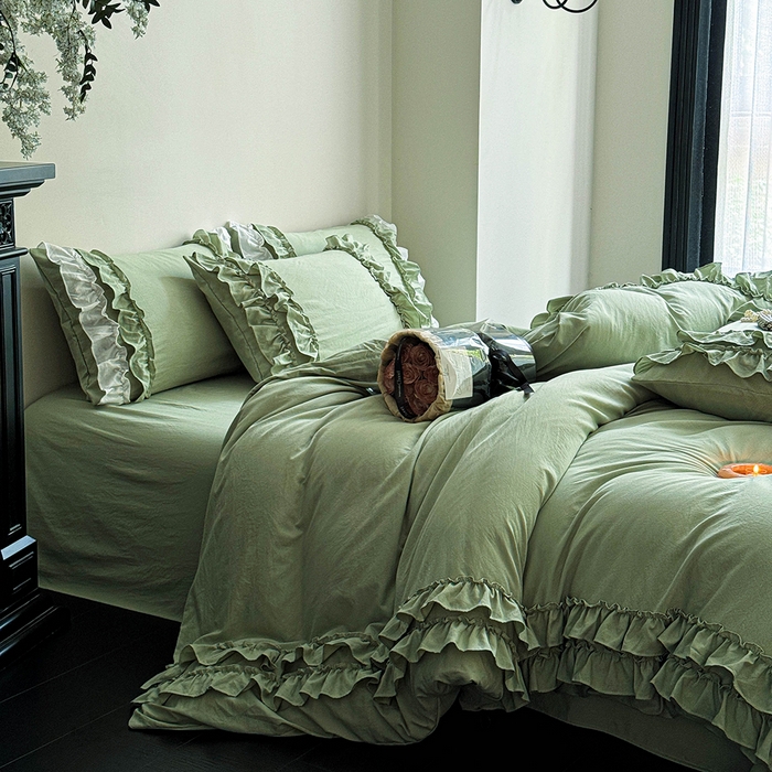 91家纺网 家纺一手货源 找家纺 缘生活 2025新款加厚水洗棉双层荷叶边四件套 双层荷叶边抹茶绿