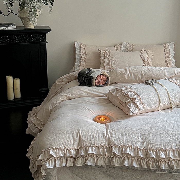 91家纺网 家纺一手货源 找家纺 缘生活 2025新款加厚水洗棉双层荷叶边四件套 双层荷叶边卡其