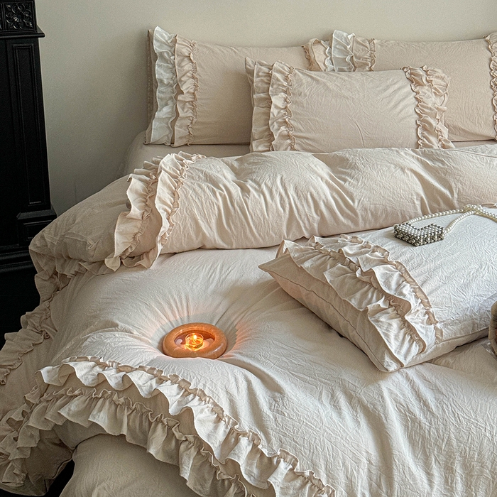 91家纺网 家纺一手货源 找家纺 缘生活 2025新款加厚水洗棉双层荷叶边四件套 双层荷叶边卡其