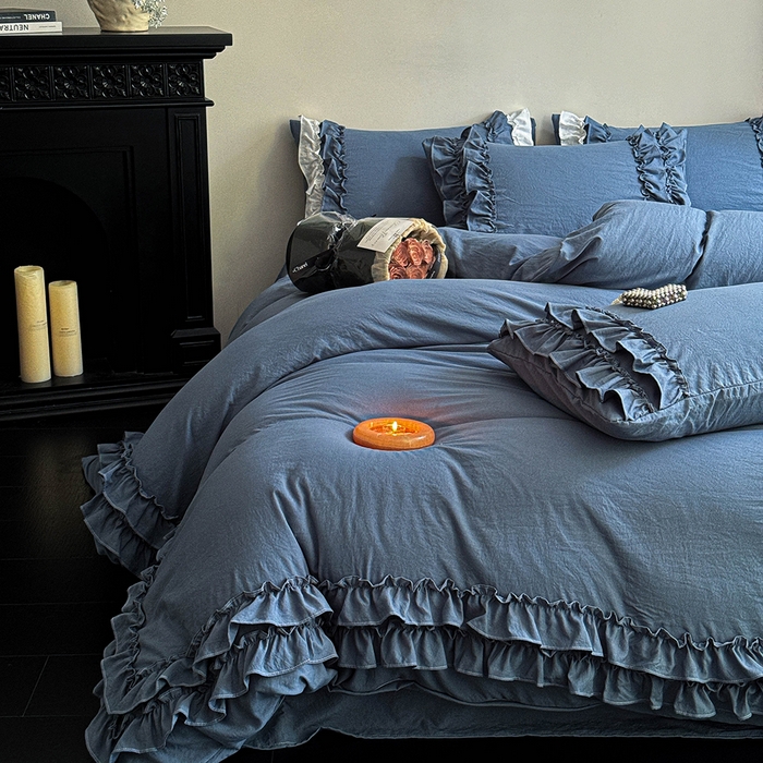 91家纺网 家纺一手货源 找家纺 缘生活 2025新款加厚水洗棉双层荷叶边四件套 双层荷叶边牛仔蓝