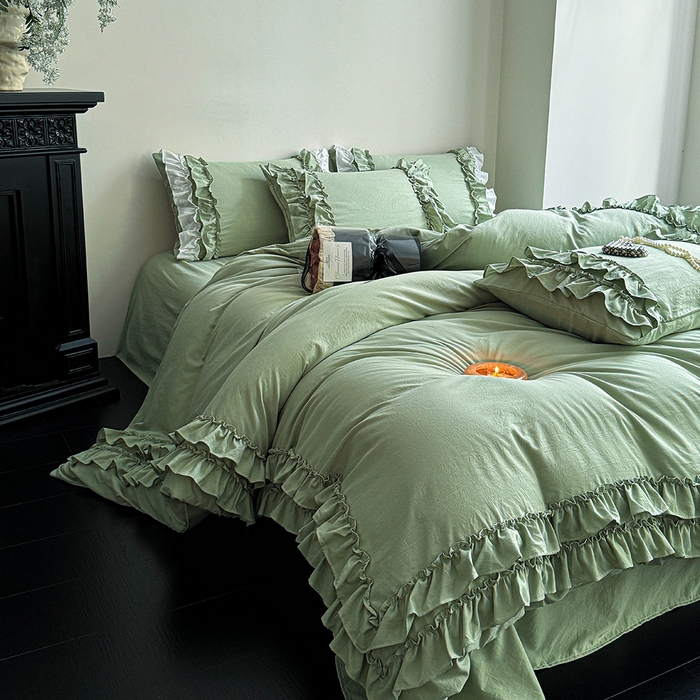 91家纺网 家纺一手货源 找家纺 缘生活 2025新款加厚水洗棉双层荷叶边四件套 双层荷叶边抹茶绿