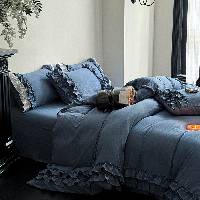 91家纺网 家纺一手货源 找家纺 缘生活 2025新款加厚水洗棉双层荷叶边四件套 双层荷叶边牛仔蓝